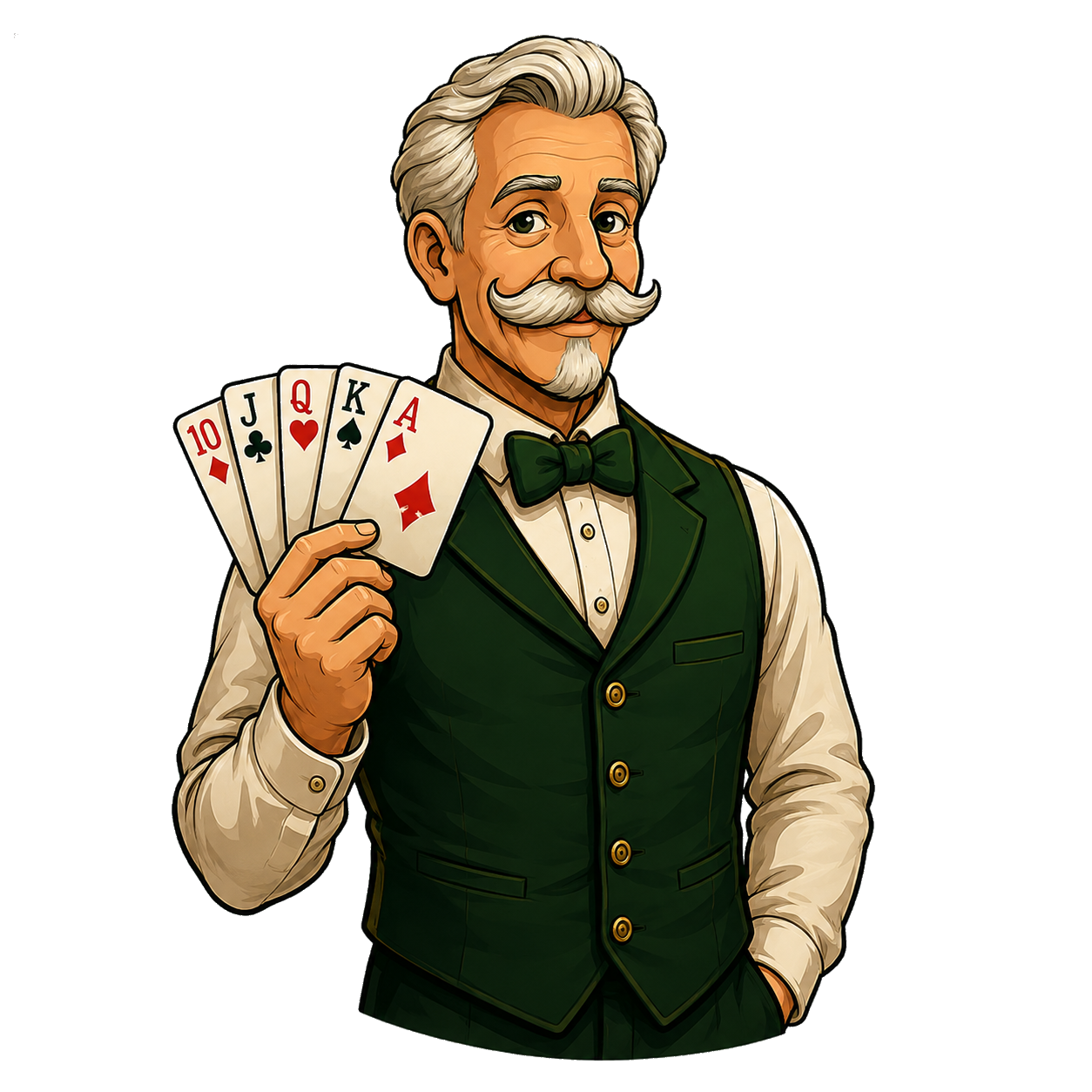 Mr. Solitaire — silver-haired gentleman holding a fan of cards